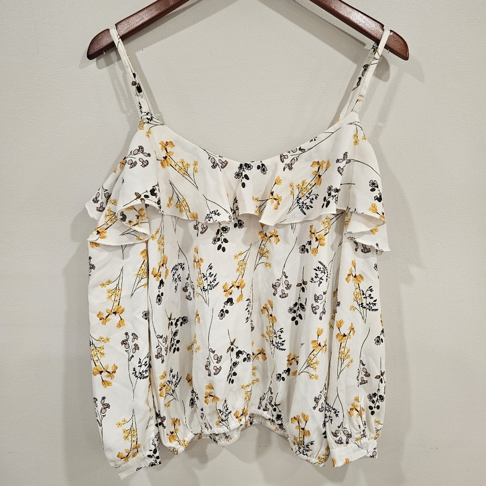 Amaryllis Floral Cold Shoulder Ruffle Blouse Small
